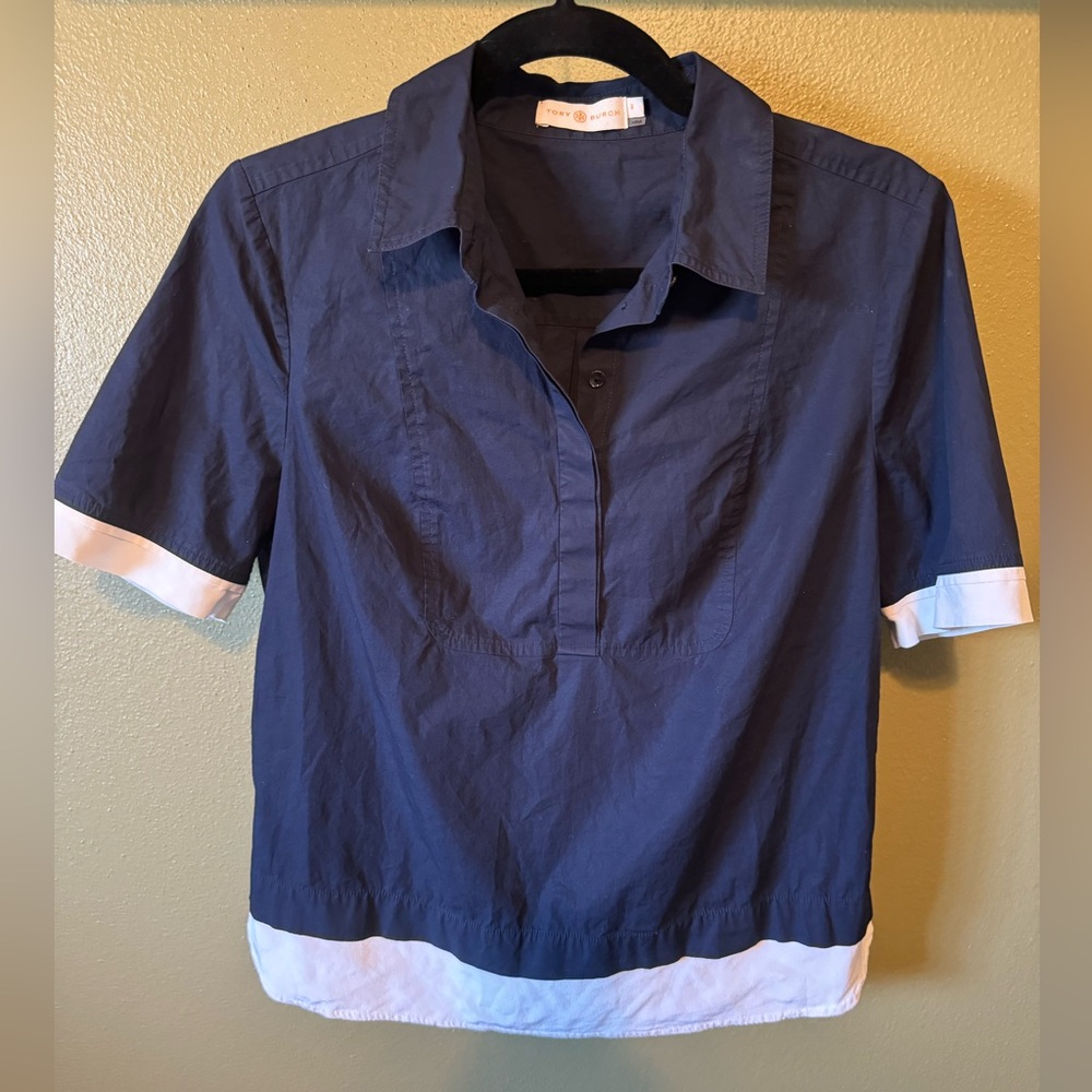 Tory Burch Short Sleeve Cotton Spandex Navy Silk Hem Cuffs Size 8